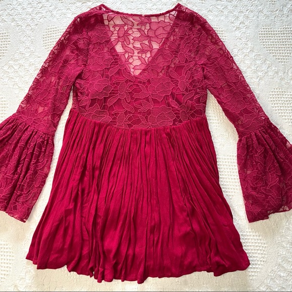 Free People With Love From India Dress Bell Sleeve Crochet Lace Mini Boho Dream - Picture 4 of 12